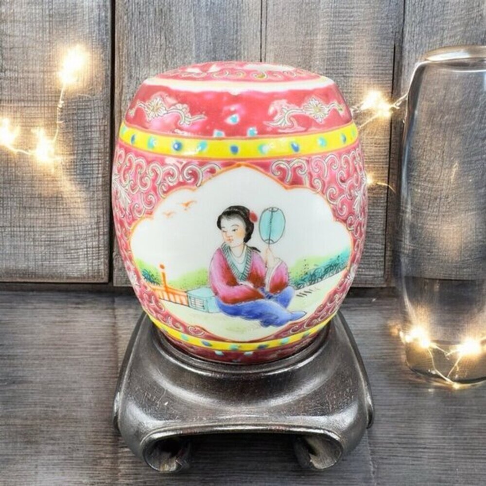 Republic Of China Porcelain Ginger Jar Canister‎ Container Wood Stand Marked VTG